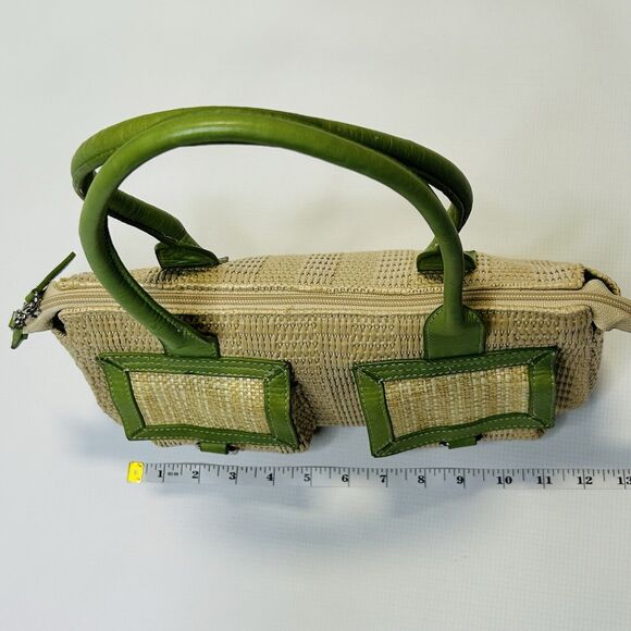 Kate Landry Natural Straw Green Soft Leather Tote Bag W Double Front Pockets - Picture 10 of 10